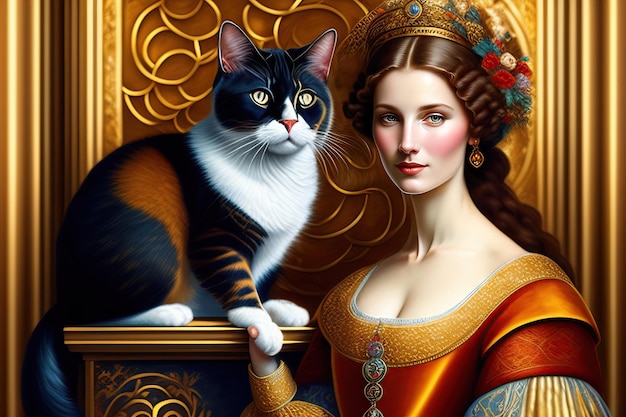 Bella donna rinascimentale in un dipinto con un gatto Ritratto astratto di animali Arte ad olio in stile Klimt