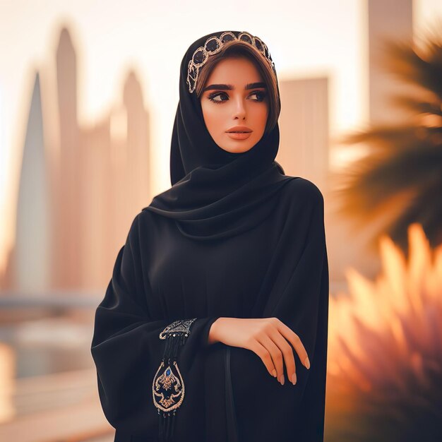 bella donna saudita in piedi nella tradizionale abaya nera saudita