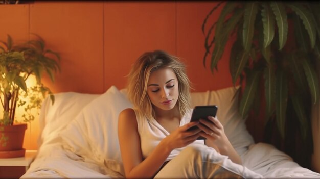 Bella donna sdraiata su un letto d'albergo vestita usando il suo smartphone Generative AI