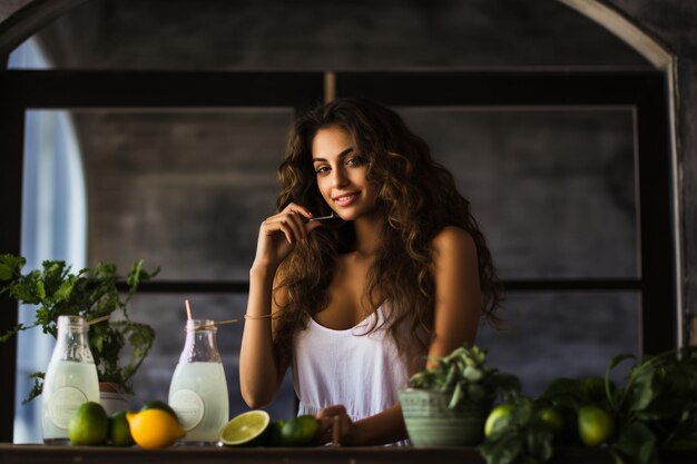 Bella donna seduta a casa con bevande e cibo verde sano