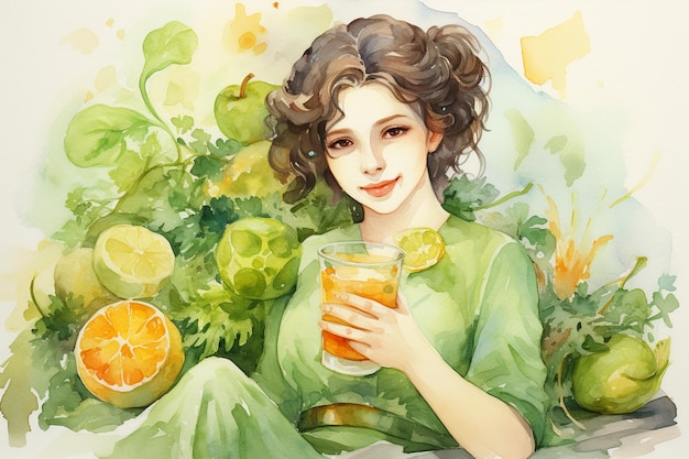 Bella donna seduta a casa con bevande e cibo verde sano