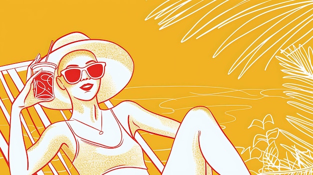 Bella donna sicura con occhiali da sole e cappello che si rilassa sulla sedia da spiaggia e si gode le vacanze estive Illustrazione vettoriale