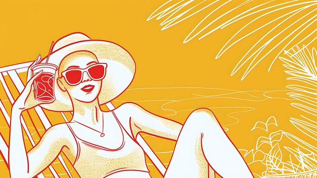Bella donna sicura con occhiali da sole e cappello che si rilassa sulla sedia da spiaggia e si gode le vacanze estive Illustrazione vettoriale