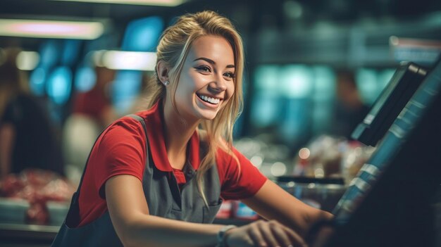 Bella donna sorridente che serve come cassiera al supermercato