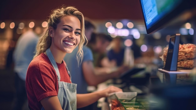 Bella donna sorridente che serve come cassiera al supermercato