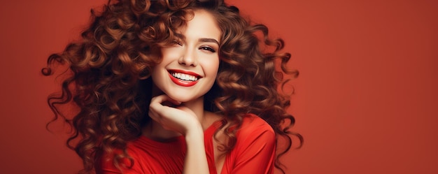 Bella donna sorridente con i capelli lunghi sullo sfondo rosso Generative ai