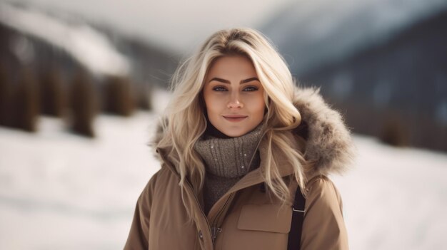 Bella donna sorridente in giacca calda in montagne innevate