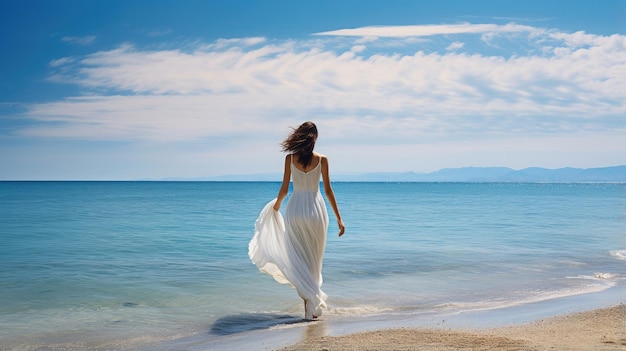 Bella donna spagnola che cammina sulla spiaggia in un abito lungo bianco