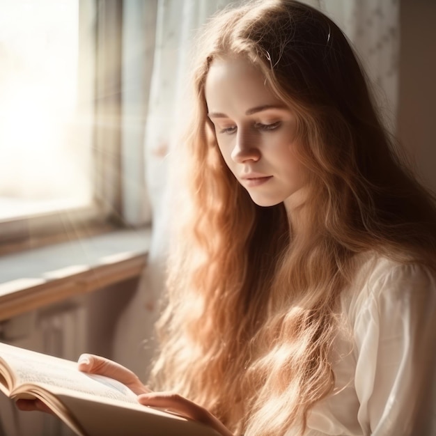 Bella donna sta leggendo un libro in una stanza accogliente