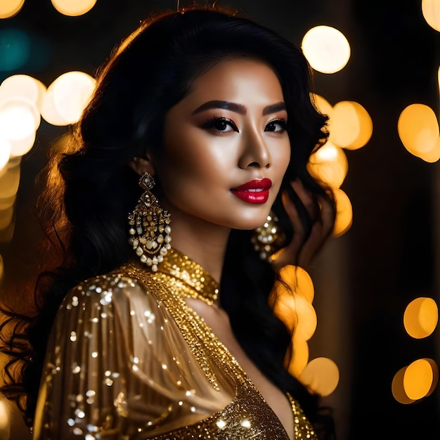 Bella donna vietnamita con un vestito dorato scintillante