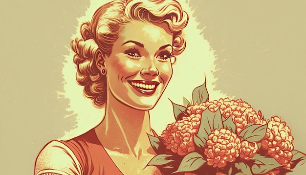 Bella donna vintage con in mano un mazzo di fiori sorridente ed eccitata Ideale per i volantini dei poster della Festa della mamma IA generativa