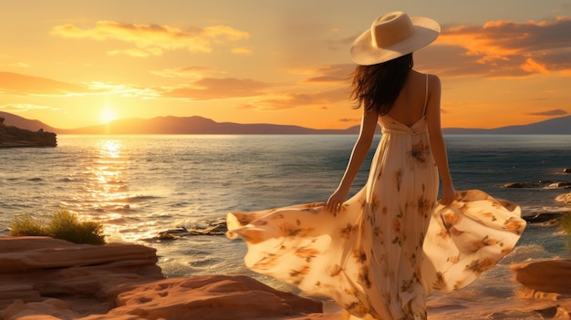 bella e attraente donna che cammina lungo la costa sulla spiaggia indossando un abito da ballo estivo