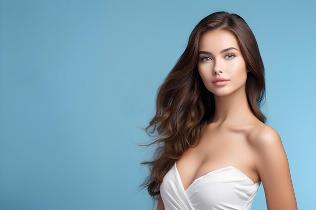 Bella e carina giovane donna modello luminoso pelle pulita trattamento viso cosmetologia e bellezza