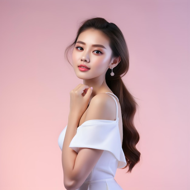 Bella e carina giovane modella asiatica con la pelle pulita e luminosa Trattamento del viso cosmetologia e bellezza