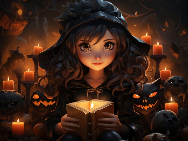 Bella e carina strega con vestito nero e cappello di strega su uno sfondo inquietante di Halloween