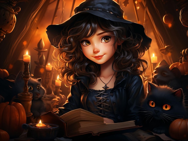 Bella e carina strega con vestito nero e cappello di strega su uno sfondo inquietante di Halloween