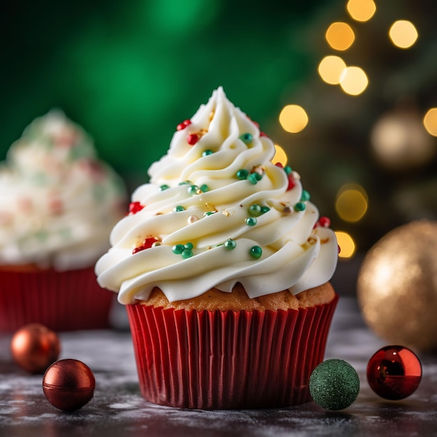 Bella e deliziosa foto di cupcakes natalizi ghiacciati sullo sfondo dell'albero di Natale