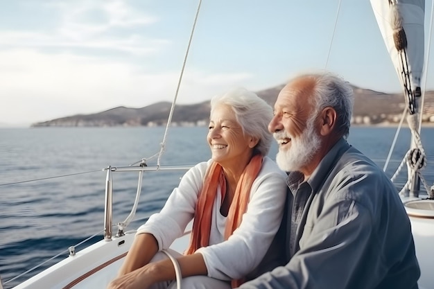 Bella e felice coppia caucasica anziana su una barca a vela in una giornata di sole Rete neurale generata nel maggio 2023 Non basata su scene o schemi di persone reali