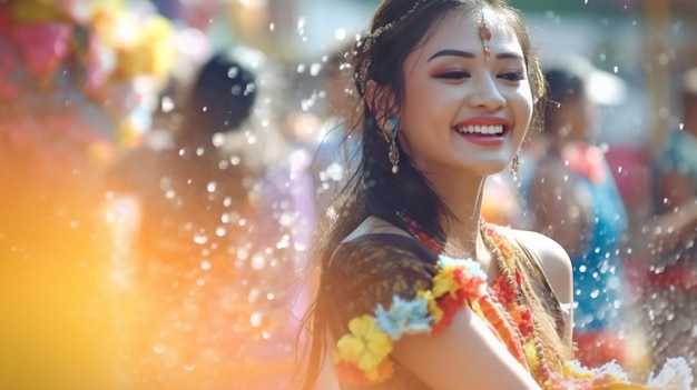 Bella e ottimista giovane donna Durante la celebrazione annuale del Water Songkran in Thailandia, una donna asiatica usa l'IA generativa per spruzzare acqua