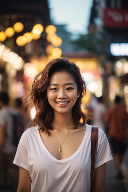 Bella e sorridente faccia giovane donna asiatica con maglietta bianca