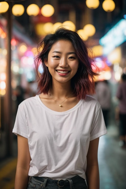 Bella e sorridente faccia giovane donna asiatica con maglietta bianca