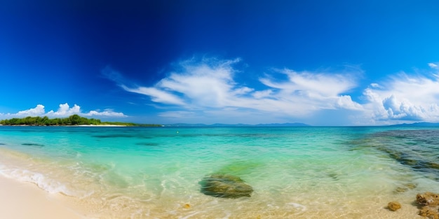 Bella eaches tropicale e mare su sfondo blu per il design della carta da parati Sfondo di viaggio Spiaggia tropicale