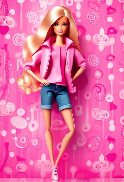 Bella ed elegante bambola barbie in abito alla moda si trova su uno sfondo rosa