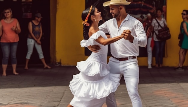 Bella ed entusiasta coppia vestita di bianco che balla fuori alla festa latina Generative ai art