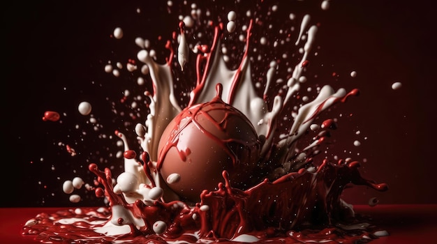 Bella esplosione astratta di latte e cioccolato su sfondo rosso
