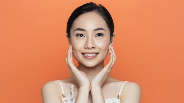 Bella faccia di giovane donna asiatica adulta con pelle pulita e fresca isolata su bianco
