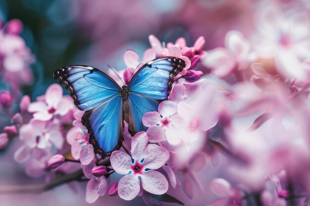 Bella farfalla blu Morpho su fiori viola rosa in primavera in natura da vicino macro