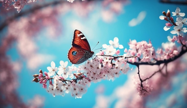 Bella farfalla rosa e fiori di ciliegio su un gambo con luce solare