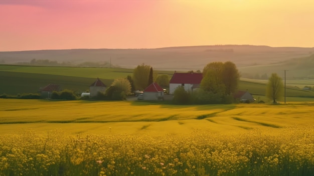 Bella fattoria locale con tramonto nel campo di campagna IA generativa