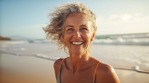 Bella felice sorridente donna dai capelli grigi sulla spiaggia ai generato