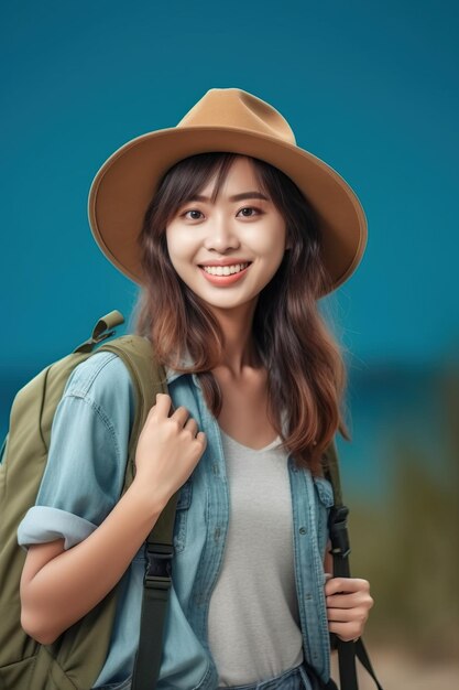 bella femmina allegra sorridente asiatica in panno casual con giacca di jeans e cappello di paglia