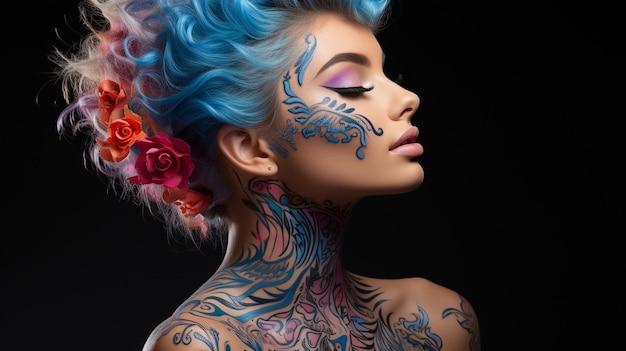 bella femmina su sfondo bianco con toccanti tatuaggi al collo in colori vivaci