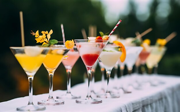 Bella fila di diversi cocktail alcolici colorati su una festa martini vodka e altri su un tavolo di bouquet di catering decorato su un'immagine di evento all'aperto con un bellissimo bokeh