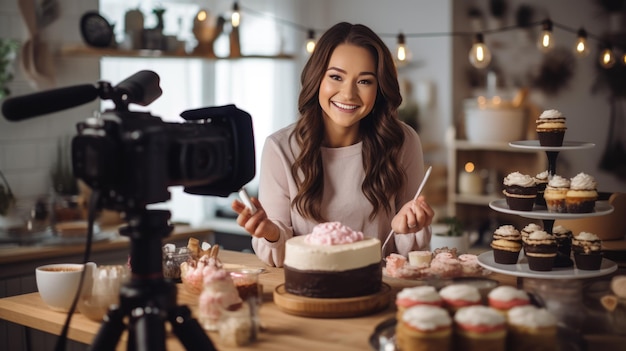 Bella food blogger che lavora su un nuovo video e spiega come cucinare un piatto