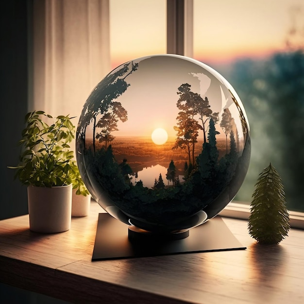 Bella foresta in un globo su un tavolo accanto a una finestra Rendering 3D della sfera di cristallo che preserva la vita