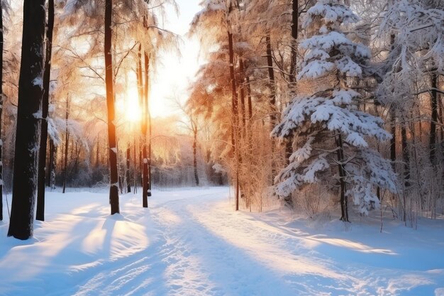 Bella foresta innevata una mattina di sole in inverno