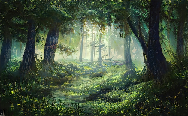 Bella foresta magica alberi favolosi I raggi del sole del paesaggio forestale illuminano le foglie e i rami degli alberi Illustrazione magica della foresta estiva