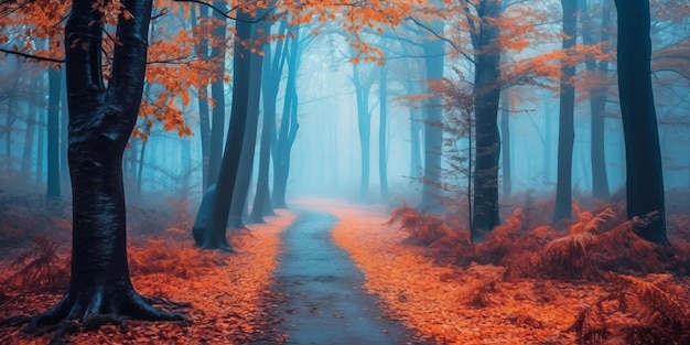 Bella foresta mistica nella nebbia blu in autunno Paesaggio colorato