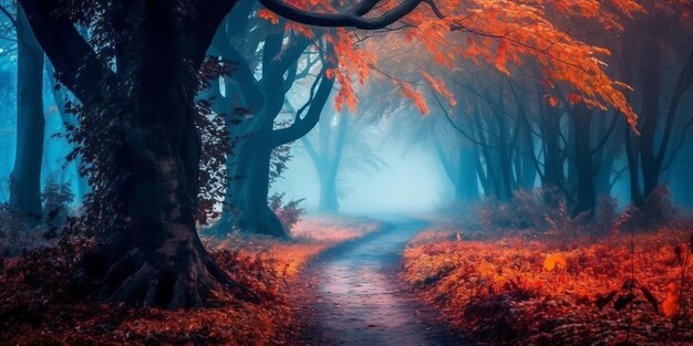 Bella foresta mistica nella nebbia blu in autunno Paesaggio colorato