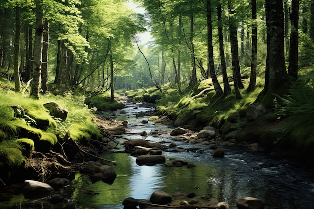 Bella foresta verde con un fiume che scorre attraverso di essa paesaggio estivo AI Generato