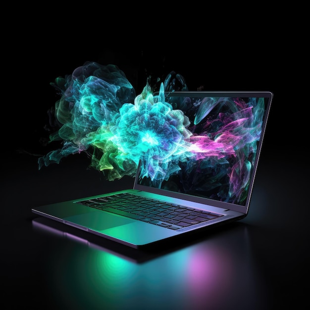 Bella forma del computer portatile nel fuoco viola verde su sfondo nero IA generativa abbagliante e radiosa