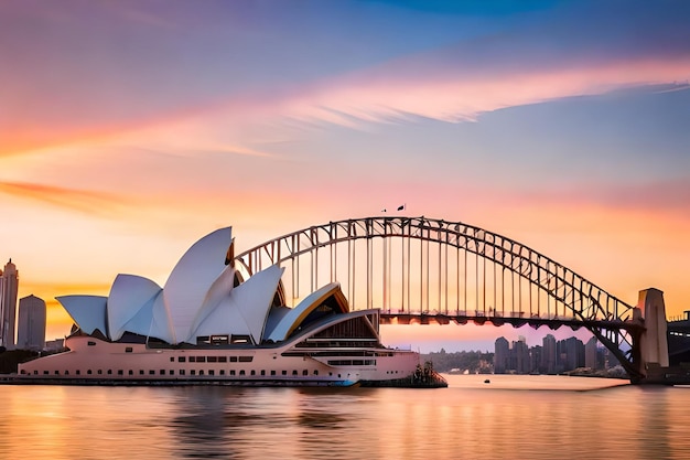 Bella foto del ponte del porto di Sydney con un cielo rosa chiaro e blu