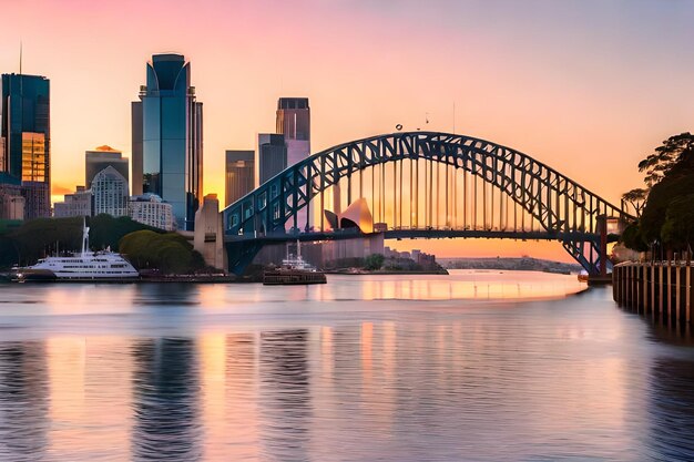 Bella foto del ponte del porto di Sydney con un cielo rosa chiaro e blu