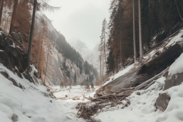 Bella foto delle Dolomiti con ripide scogliere rocciose e un boschetto di abeti innevati