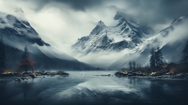 Bella foto di montagne e alberi coperti di neve e nebbia