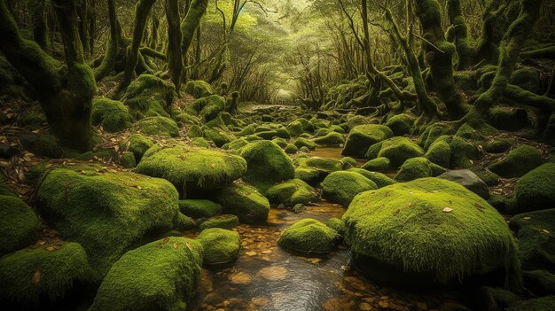 Bella foto di un piccolo fiume nella foresta con rocce ricoperte di muschio Generative Ai